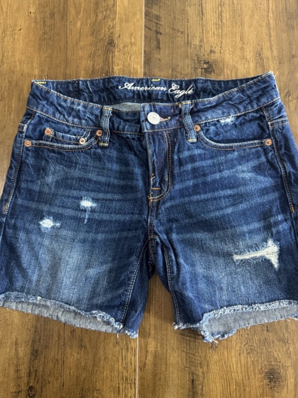 american eagle Women's Distressed Denim Jean Shorts in Blue